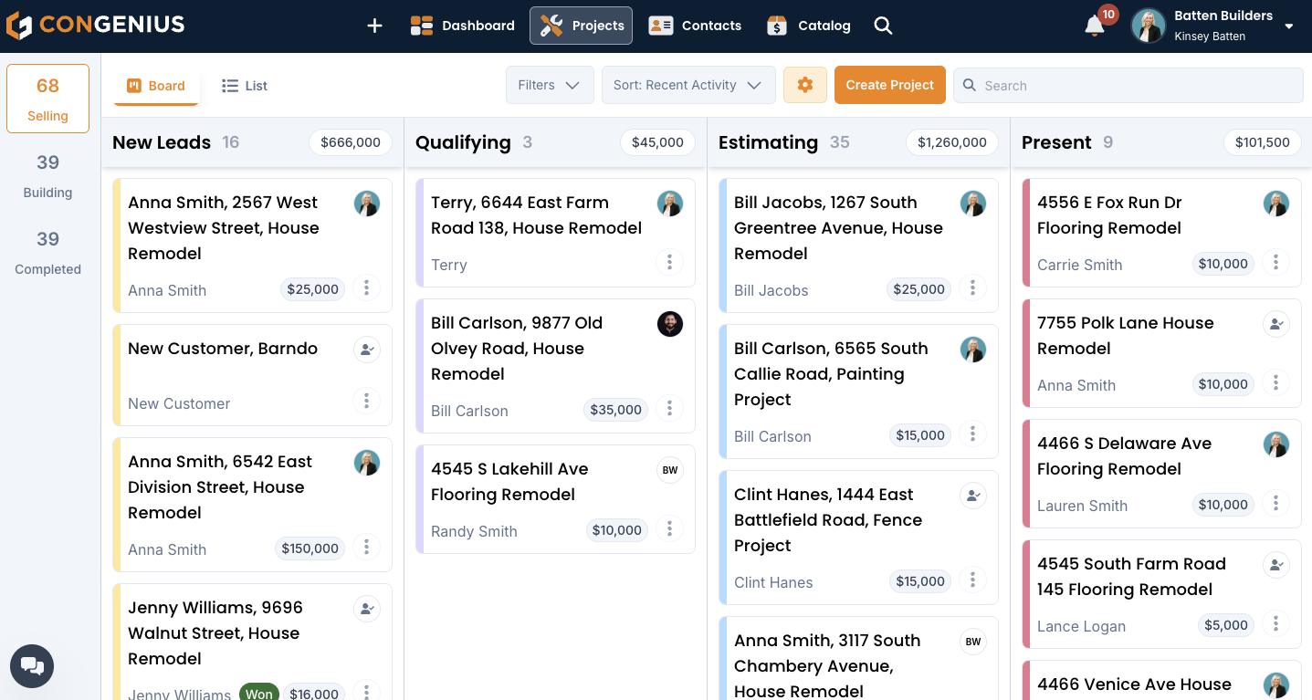 ConGenius screenshot: Project board
- Customize stages
- Drag and drop to keep track of where your projects are at at all times
- Assign projects to people