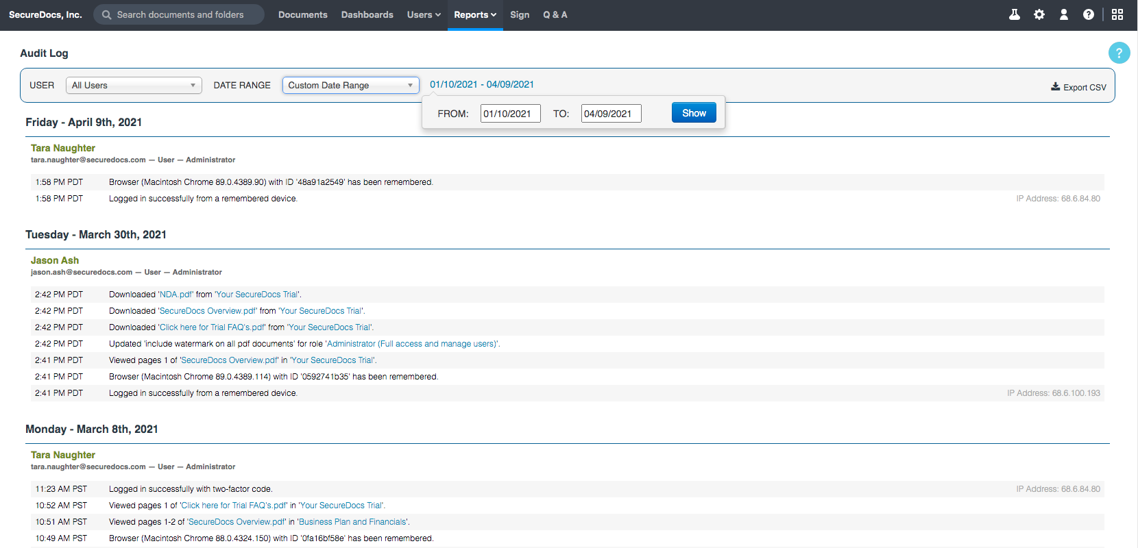 SecureDocs Data Room Software - Audit Trail Reporting: Detailed audit logs keep administrators informed of all data room activity. Includes date and time stamps and optional daily reporting.