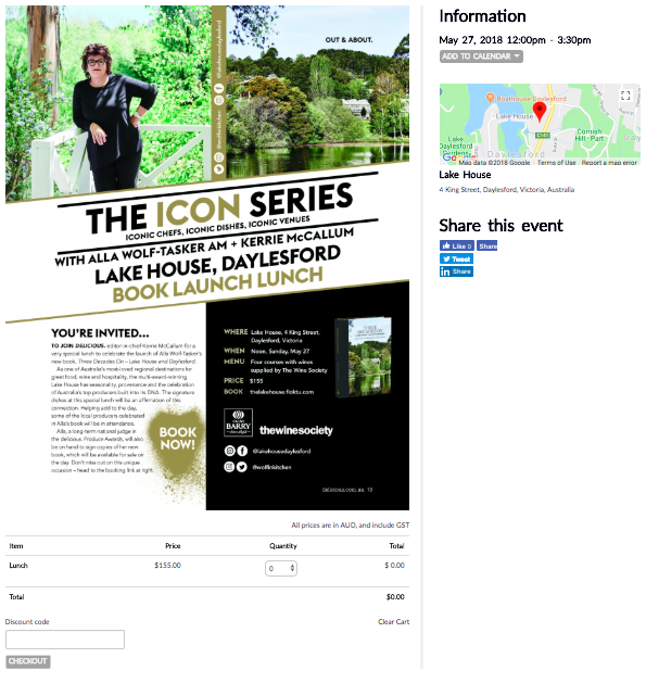A Floktu Event, showing the typical event landing page design with online booking links, information details and social sharing links