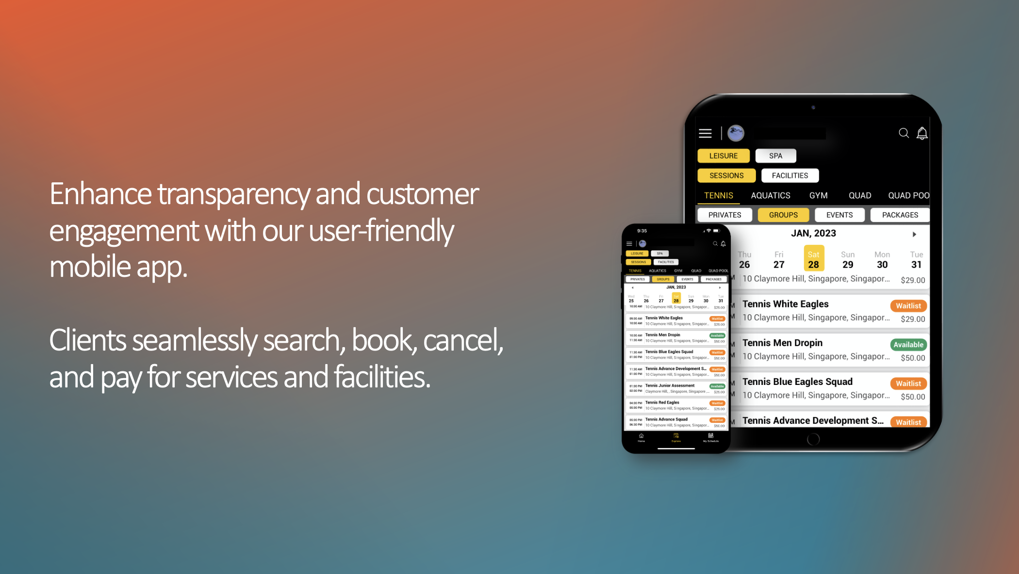 Jogaapp screenshot: Enhance transparency and customer engagement with our user-friendly mobile app. Bid farewell to missed calls, delayed responses, or unanswered emails. Clients seamlessly search, book, cancel, and pay for services and facilities.