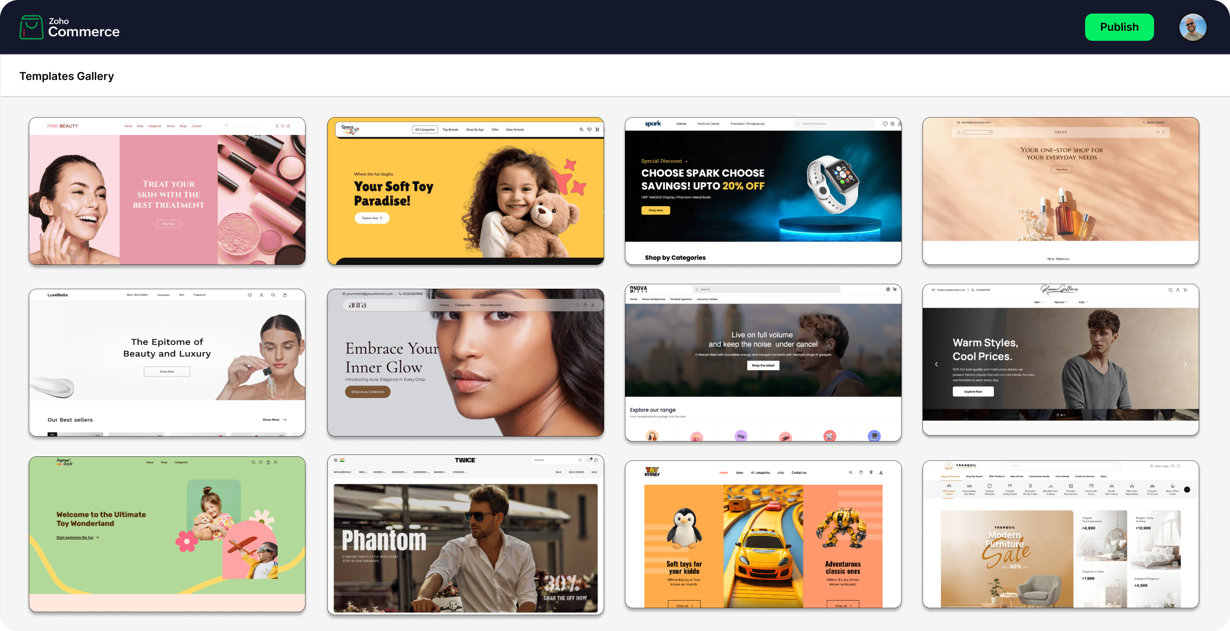 Zoho Commerce screenshot: From minimal to modern designs, Zoho Commerce offers an array of beautifully predesigned, mobile-optimized, free themes that help your online store shine.