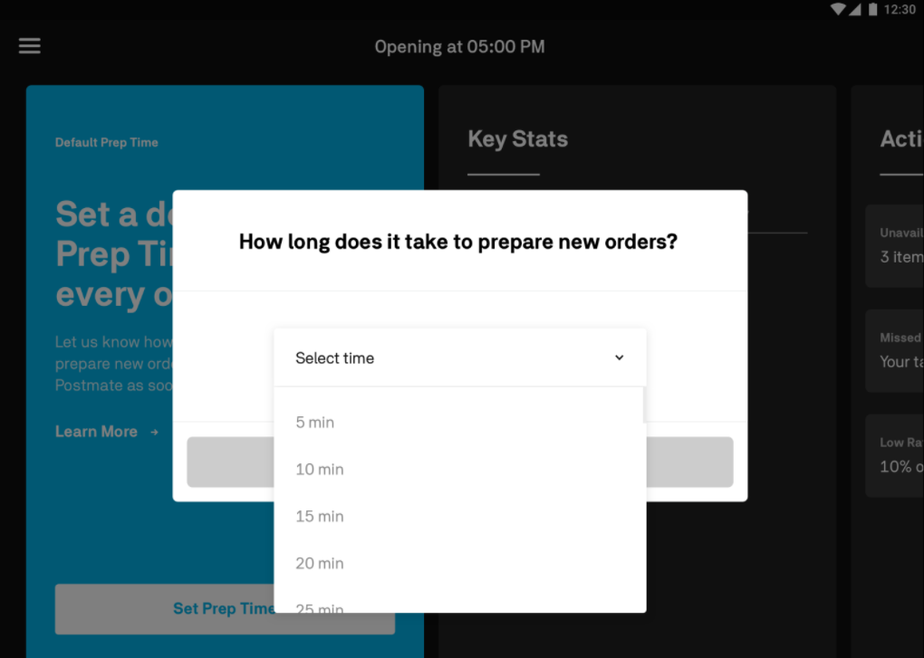 Postmates Software - Postmates default order preparation time