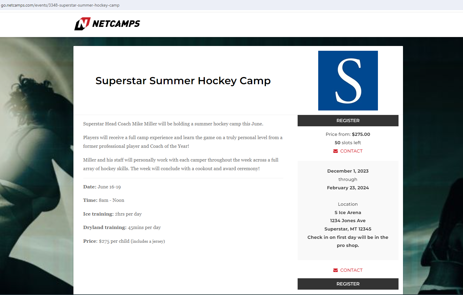 Illustrative example of camp/event webpage with link to registration form/process.