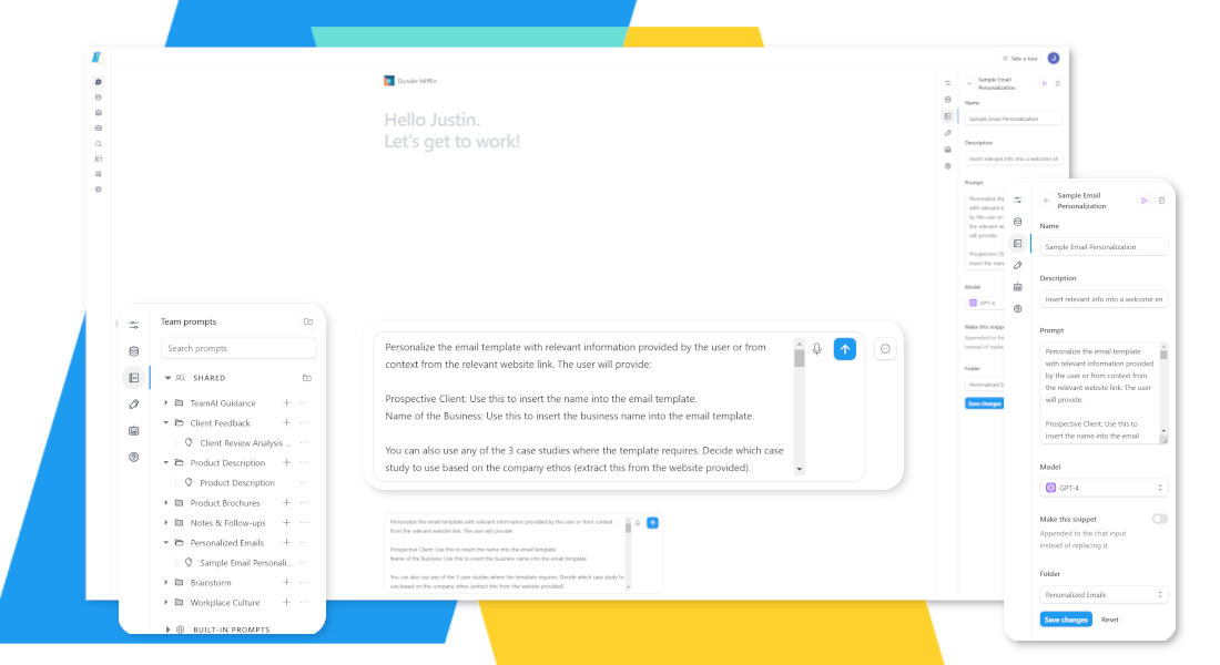 TeamAI screenshot: Streamline your process by making templates out of your best and most frequently used prompts. Snag and share templates with the community to accelerate learning using our Prompt Gallery.