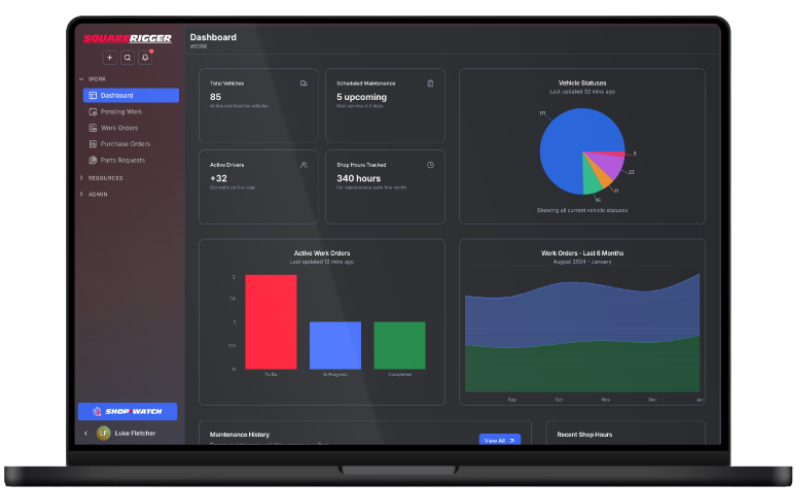 Squarerigger screenshot: Fleet operations have a lot of moving parts—and without the right system, chaos creeps in. Whether you manage repairs in-house or outsource them, Squarerigger brings everything together to simplify your workflow and keep your fleet moving.

