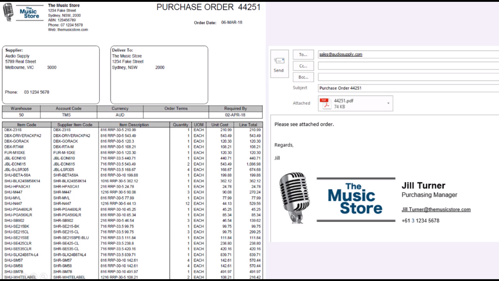 Lucy interface allows you to review the original purchase order document and email