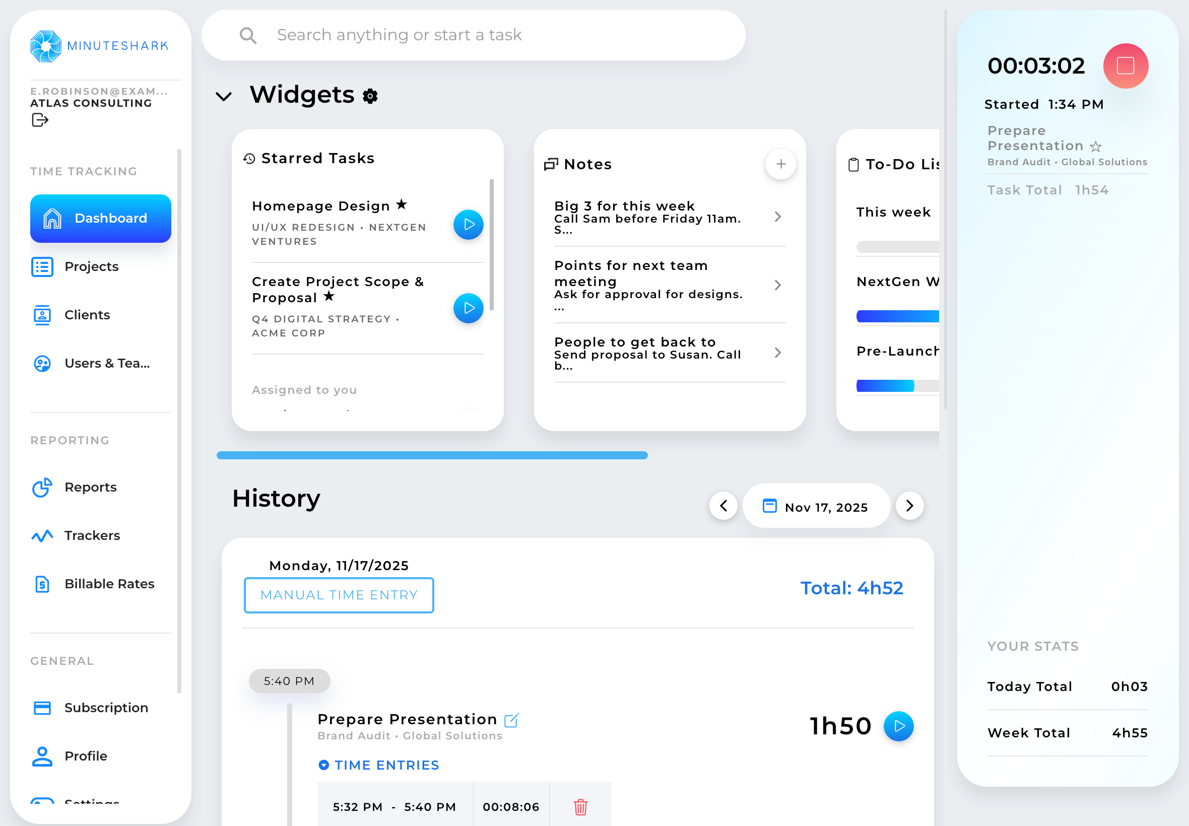 MinuteShark screenshot: MinuteShark dashboard