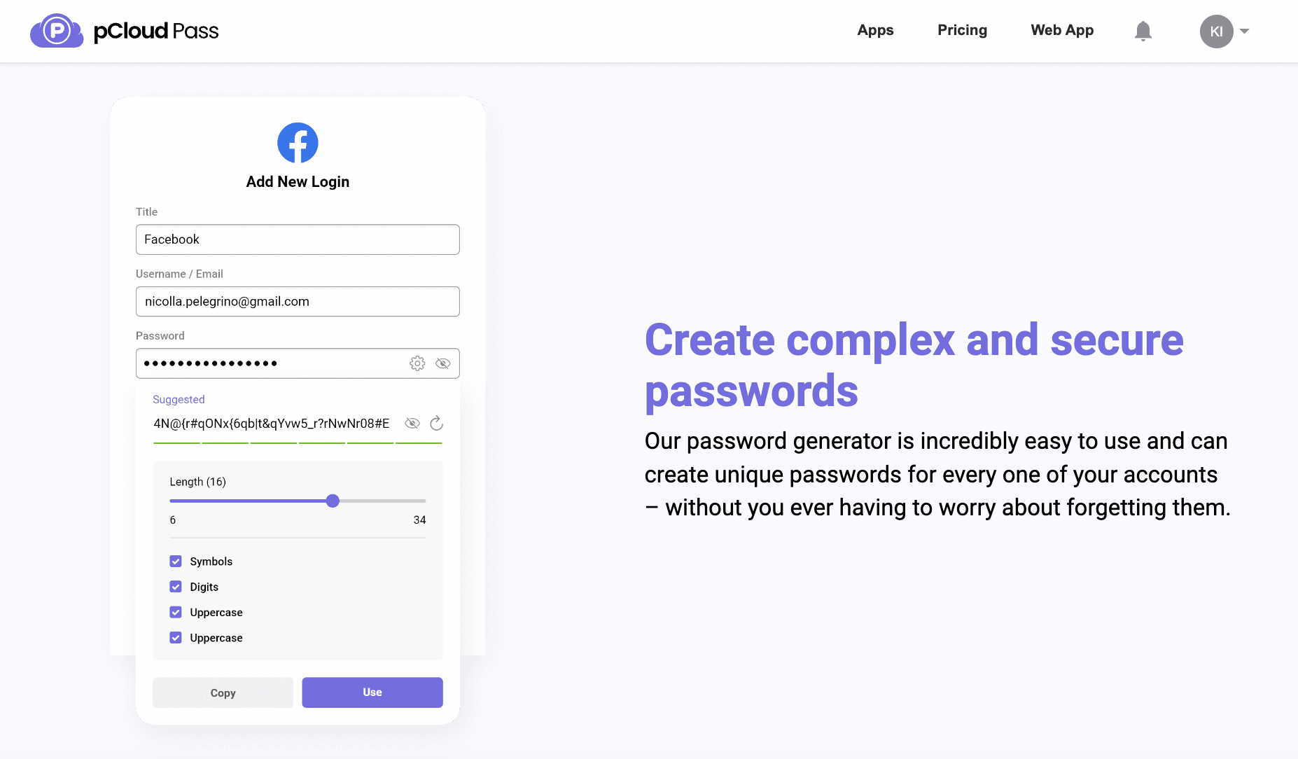 pCloud Pass screenshot: Password generator: Create comples and secure passwords