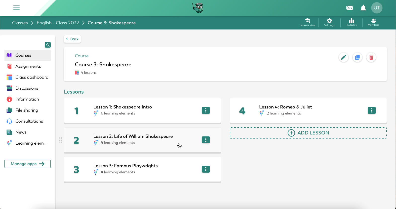 Edaptio LearnU screenshot: Easily add a class, courses and lessons