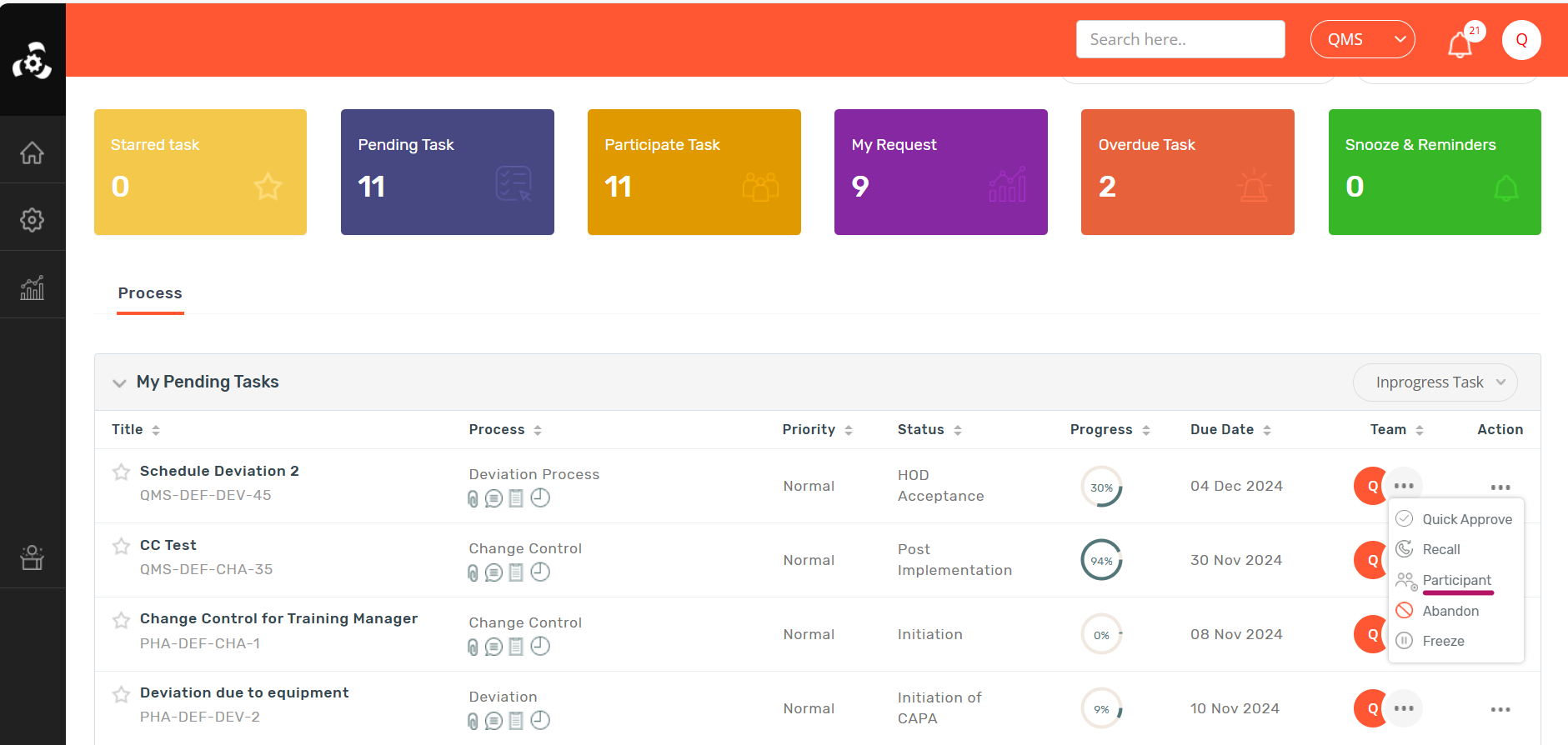 Discus QMS screenshot: Assign and Track Deviation-Related Tasks
Assign tasks to relevant personnel with clearly defined timelines and receive automated reminders before due dates. Discus QMS enables efficient task delegation, such as escalating deviations to the CAPA process.
