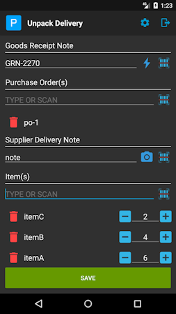 Peoplevox WMS screenshot: The Unpack Delivery mobile app for the Android platform keeps track of items received, accepting a receipt note number or generating one, while configurable enough to recognize defined barcode formats