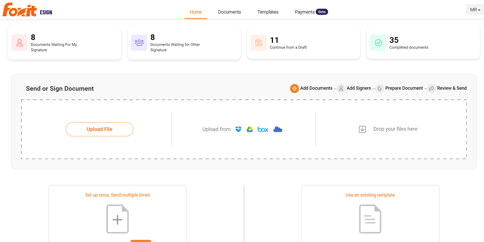 Foxit eSign screenshot: User interface dashboard with quick access to document status, fast form uploads, template libraries, user guides, account settings, and more!