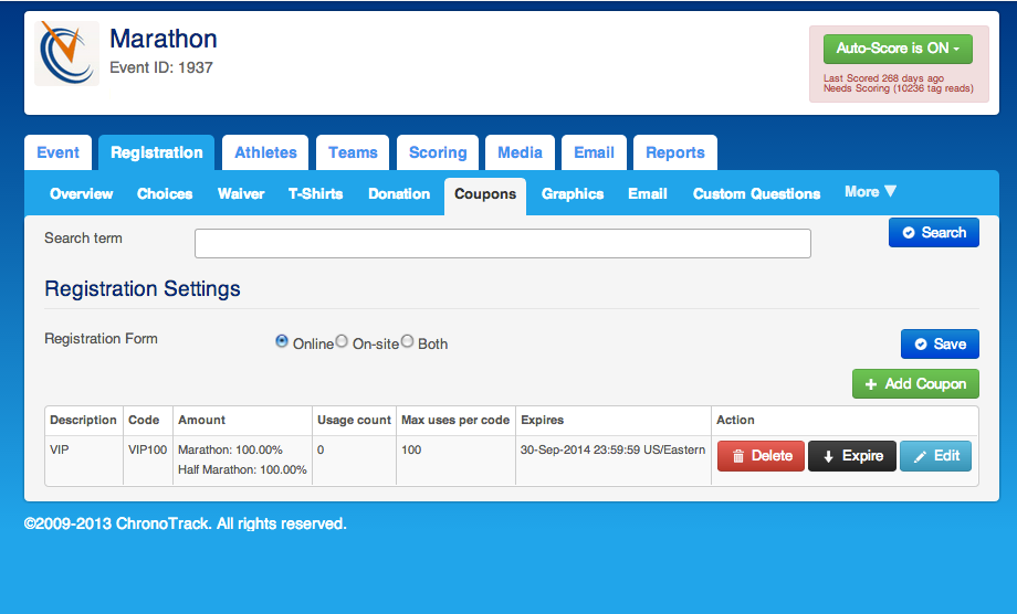 ChronoTrack Software - ChronoTrack registration settings and coupon codes