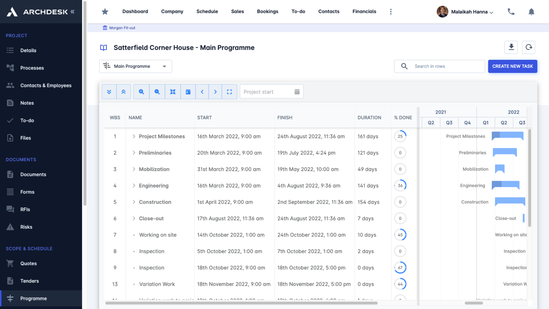 Create a well planned programme of works for your projects, manage scheduled construction tasks, resources, responsibilities, tasks, and more. Use the Gantt chart view to see your projects outview, ensuring optimisation of resources, time, and costs.
