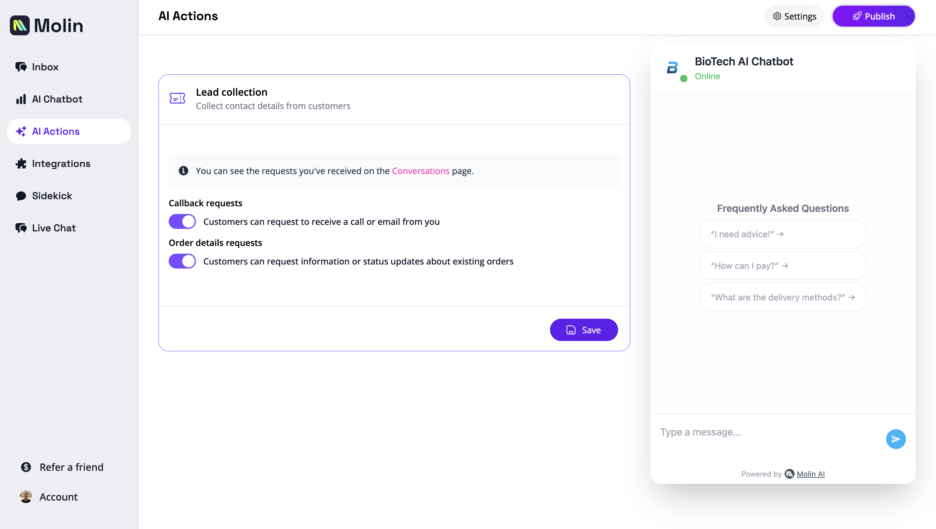 Molin Software - AI Actions: Collect leads, track orders, process refunds, and cancel orders.