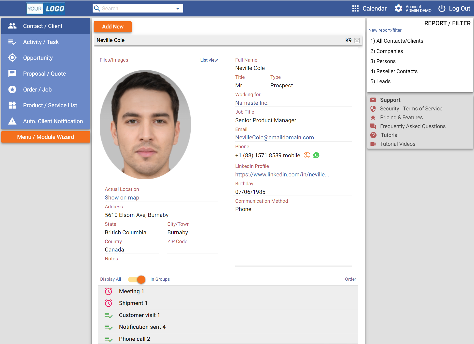 MyBasicCRM Software - Customer page view