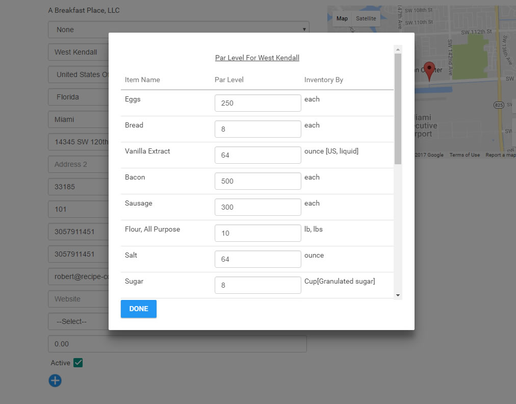 Recipe Costing Software - Different par levels can be set for inventory items for each location