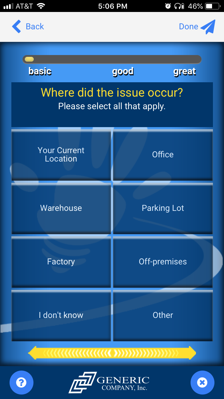 Once a user selects an issue the app provides a series of questions with clickable answers. After selecting an answer users can provide additional information (e.g.  names, locations, etc)-thumb