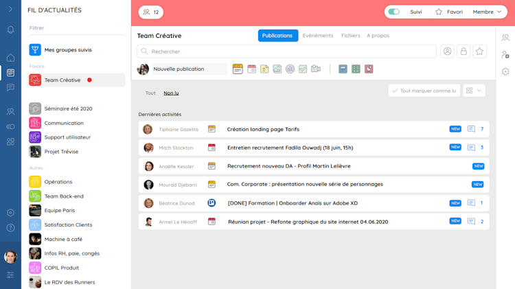 Talkspirit screenshot: Groups: organise projects, gather feedback, create events and share ideas, knowledge & documents.