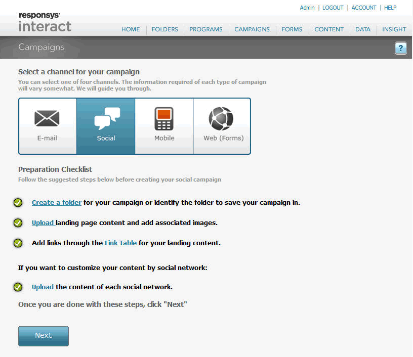 Oracle Responsys screenshot: Multi-Channel Messages