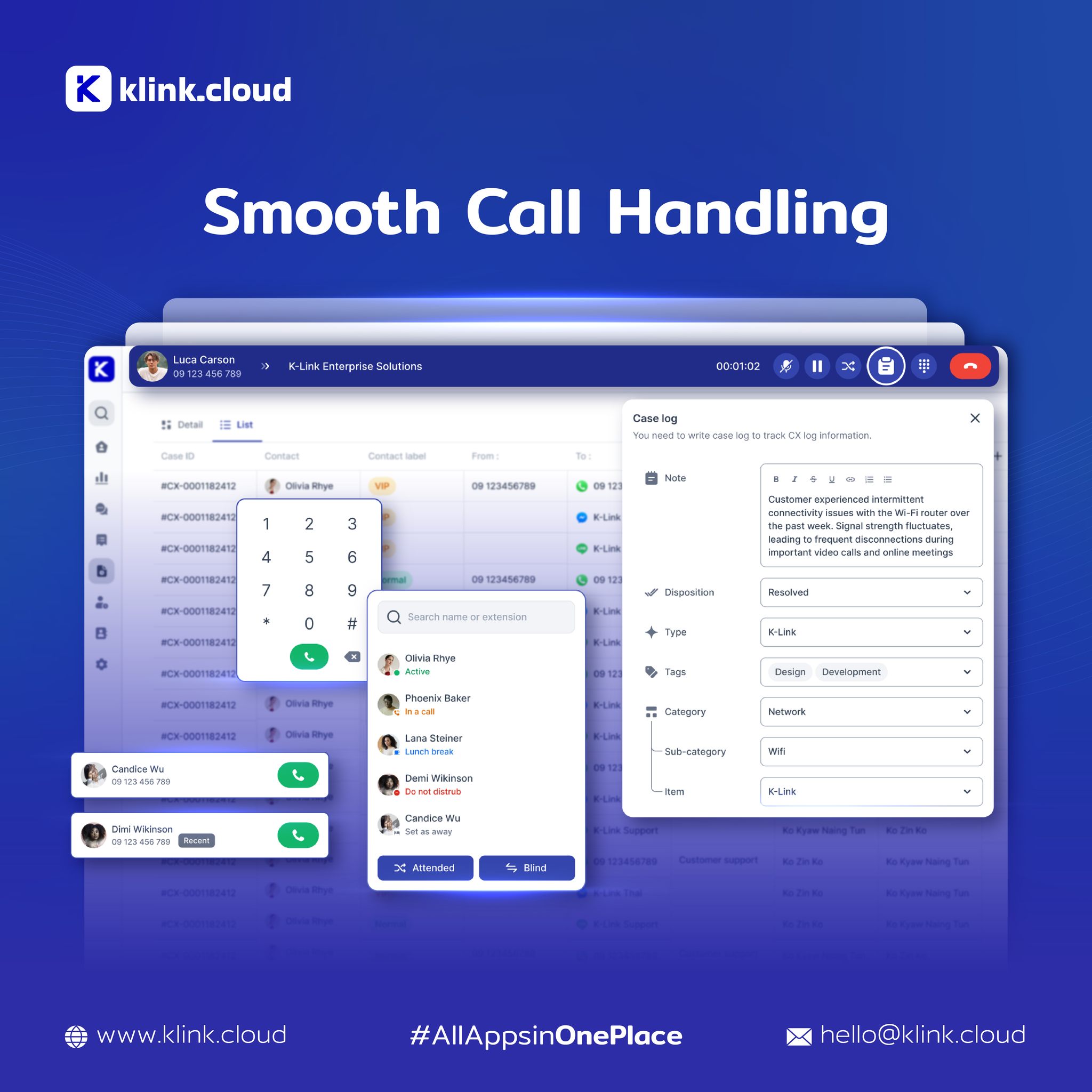 klink.cloud screenshot: Telephony 