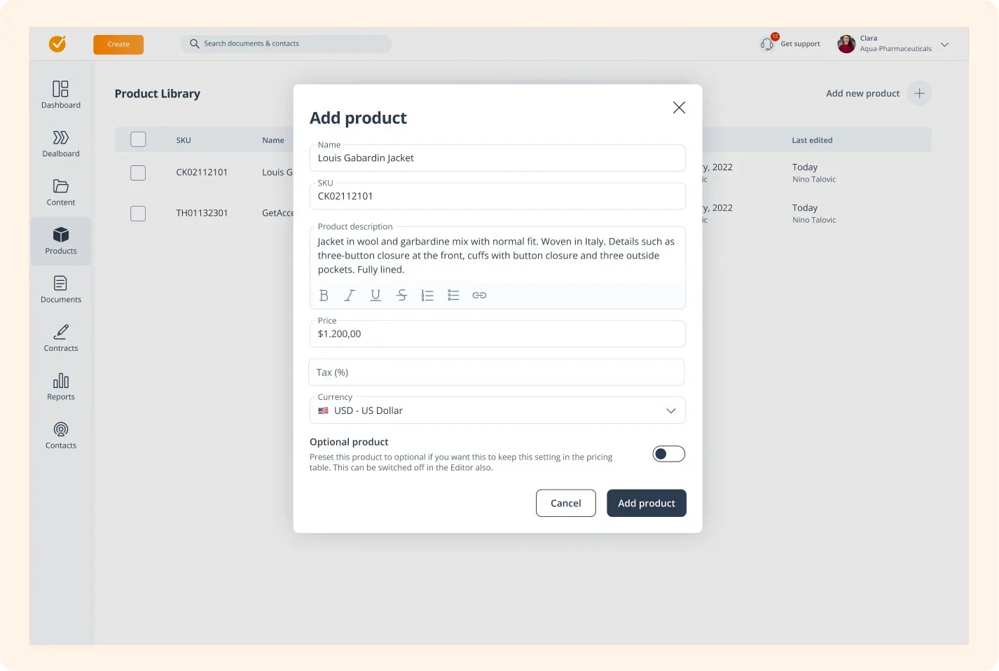 Create your product catalog in the product library in just a few clicks. Personalize each product with a name, SKU, description, price, and currency.