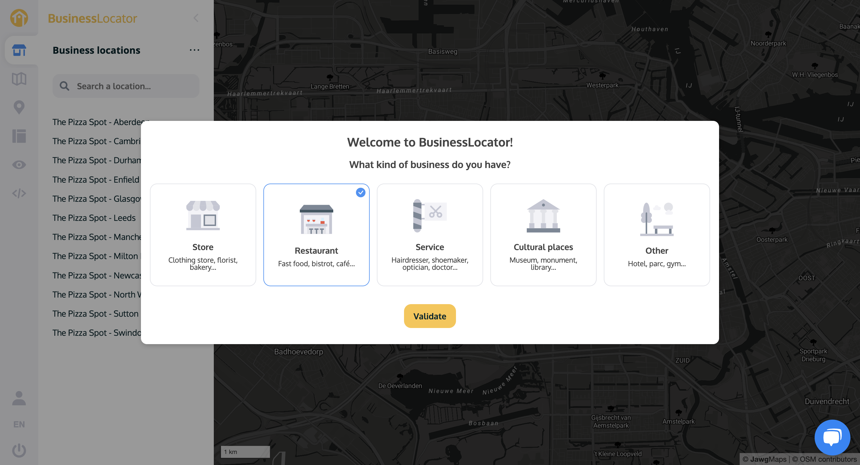 BusinessLocator Software - You can select your business type - this feature allows you to activate certain parameters by default depending on your type of business. 

For example, it will activate "food delivery services" if you manage a restaurant business.