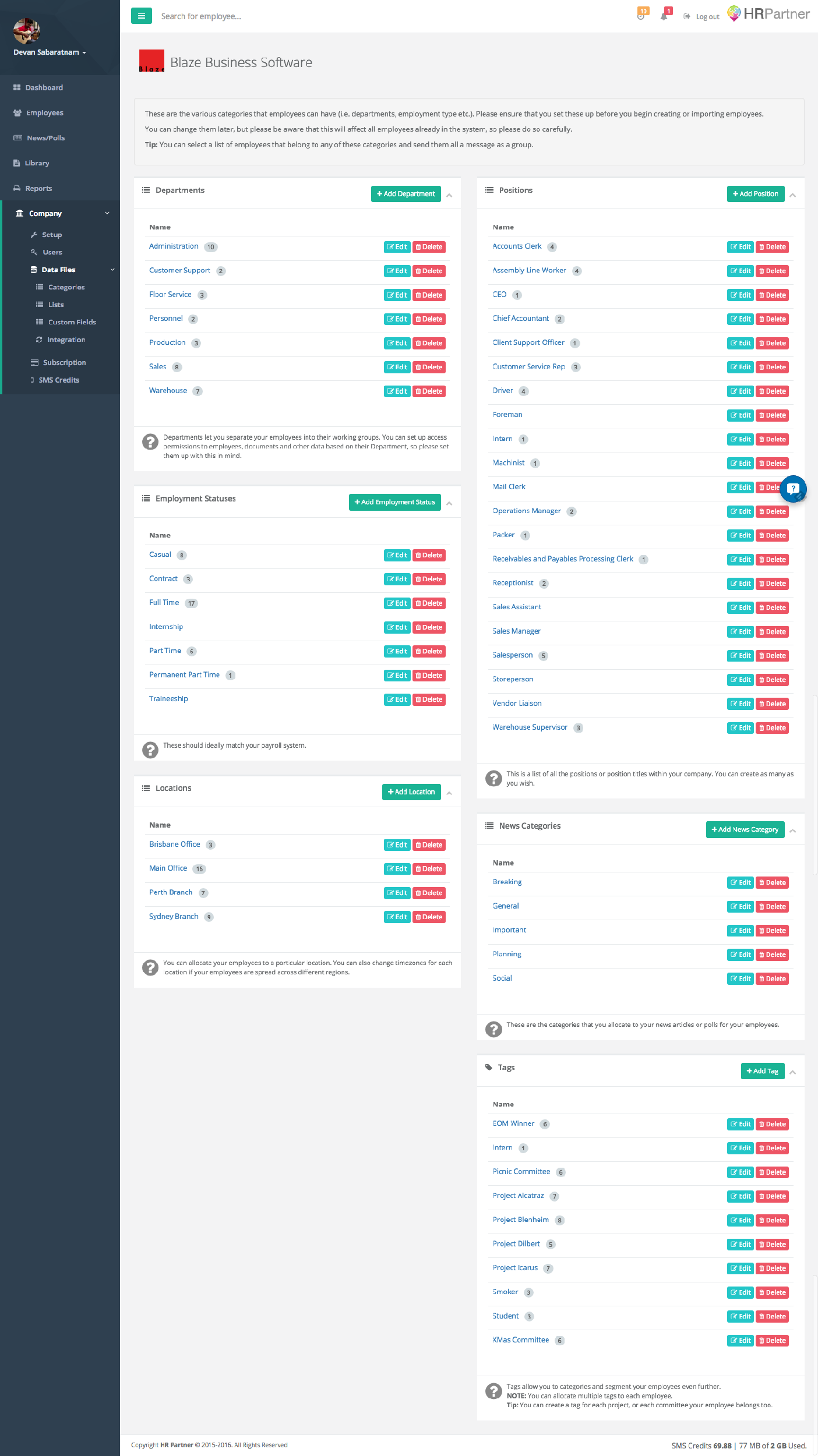 HR Partner Software - Create categories as the 'major' drop downs that apply to each employee