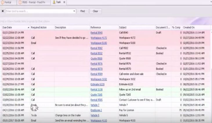 RV Rental Manager eXpress Software - List of all tasks with subject, description and required action