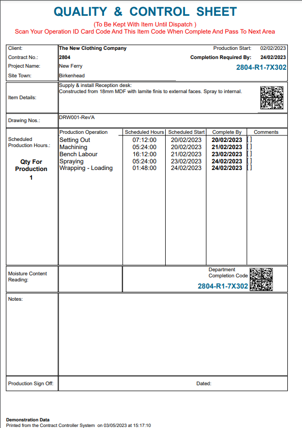 Contract Controller Software - Tracking Sheet used as item progresses through the workshop.
Easily see if items are still within the scheduled hours, or if the actual hours are exceeding those quoted.
