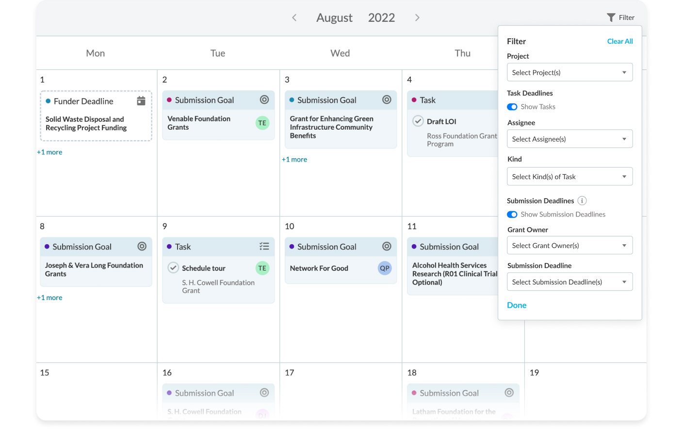 Stay on track by visualizing important deadlines in one calendar. The calendar displays all task deadlines, funder deadlines, submission goals, and future cycles so teams never miss grant deadlines and deliverables. Available on Standard or above.