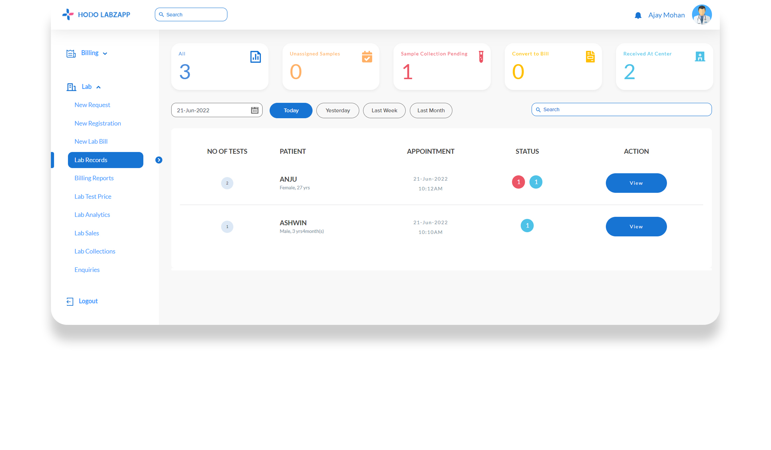 HODO screenshot: HODO lab results