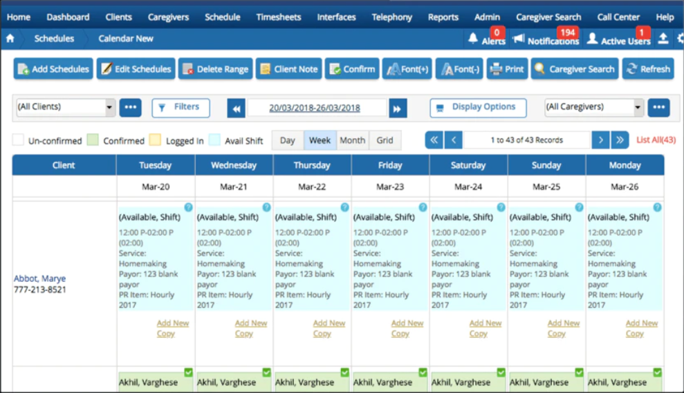 Generations Homecare System schedules