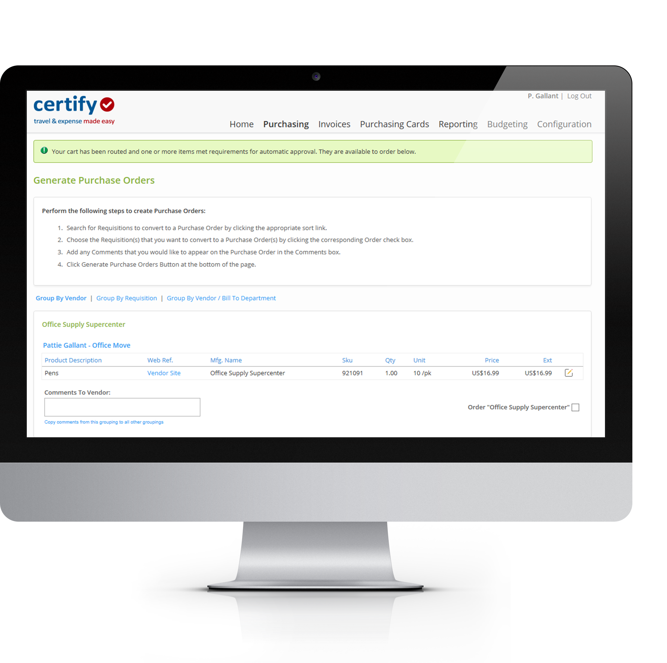 Generate purchase orders electronically and send them to vendors through the Certify AP system