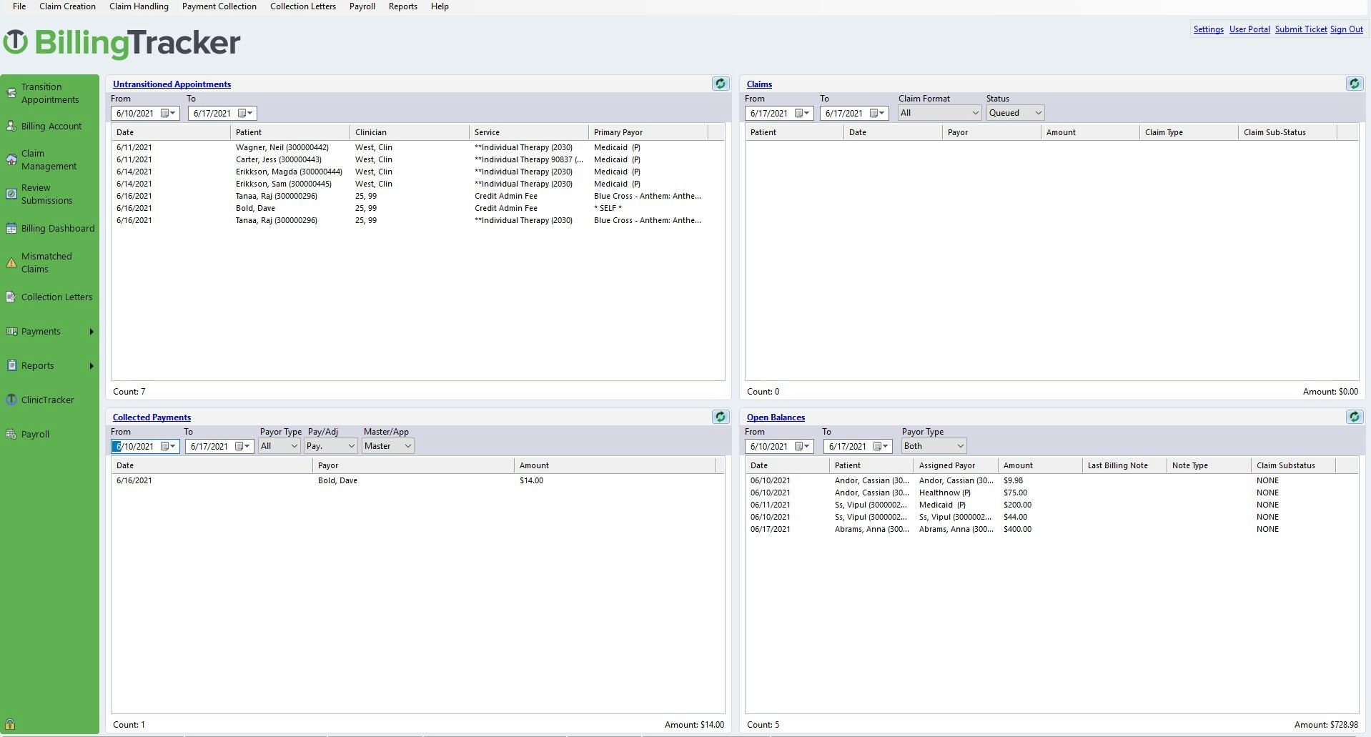 ClinicTracker Software - BillingTracker Dashboard  (Integrated Billing Within ClinicTracker)