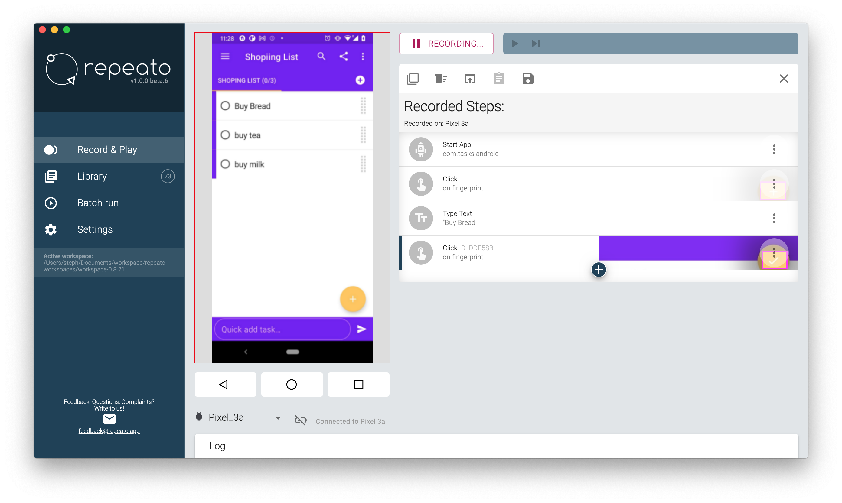 Repeato screenshot: Repeato recorded steps