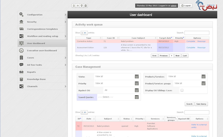 NABD System screenshot: User Dashboard