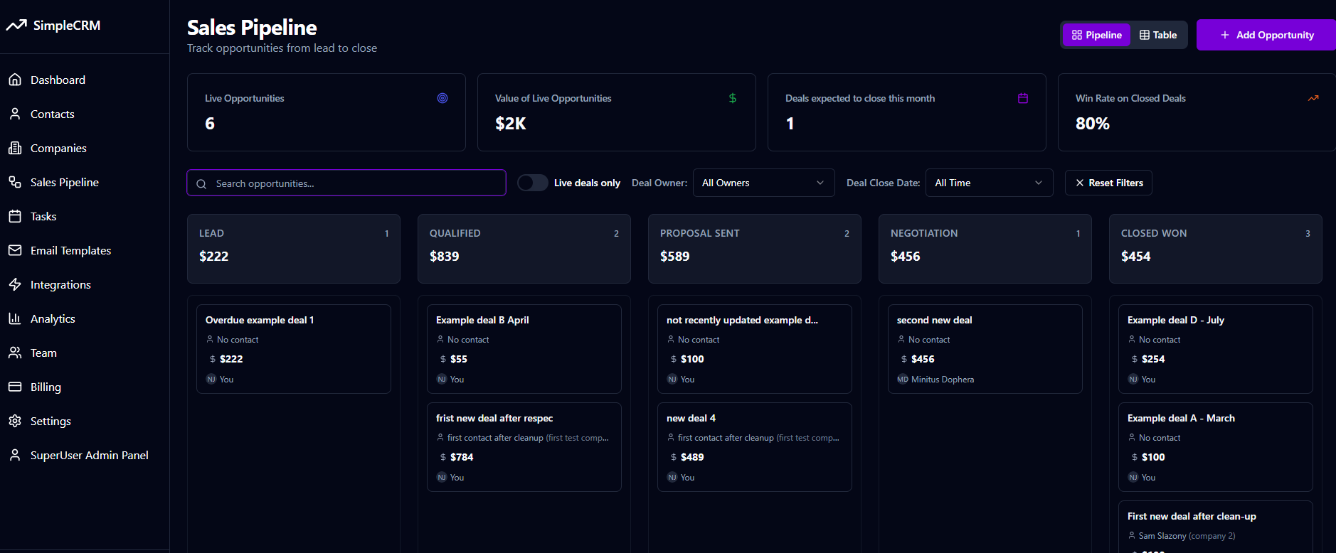 SimpleCRM screenshot: SimpleCRM sales pipeline management