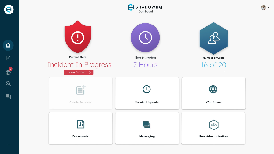 ShadowHQ Software - ShadowHQ active incident dashboard