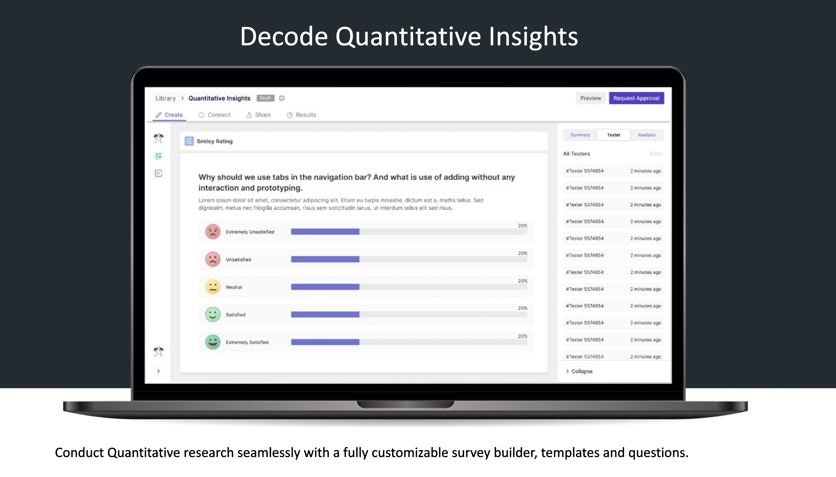 Conduct Quantitative research seamlessly with a fully customizable survey builder, templates and questions.​