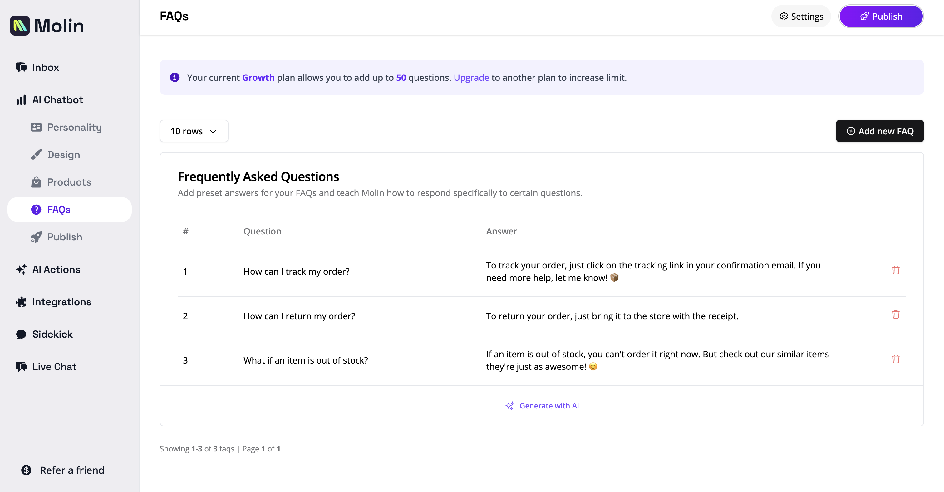 Molin Software - FAQs: Add preset question-answer pairs to ensure Molin provides consistent responses.