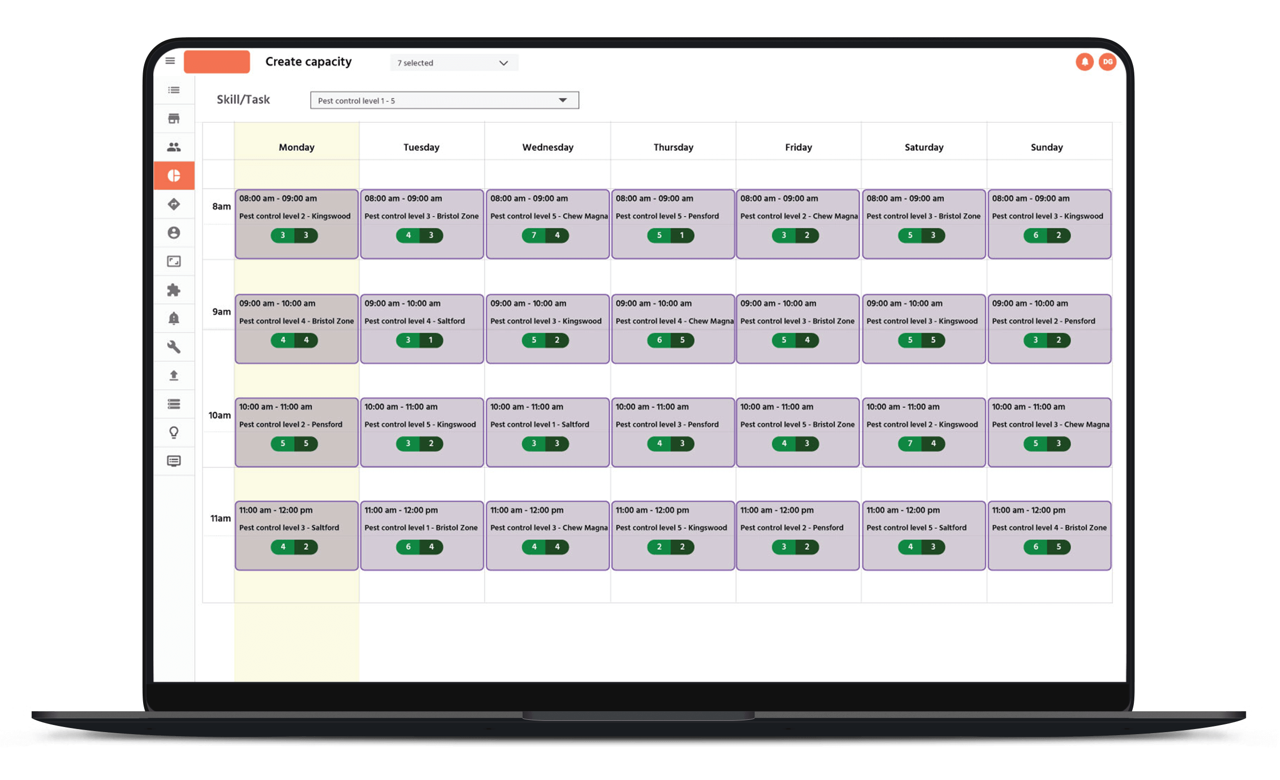 The web console showcases available slots for field technicians based on their capacity and skillsets. The system automatically assigns a new job to the right agent based on their proximity, matching his skill and zone.