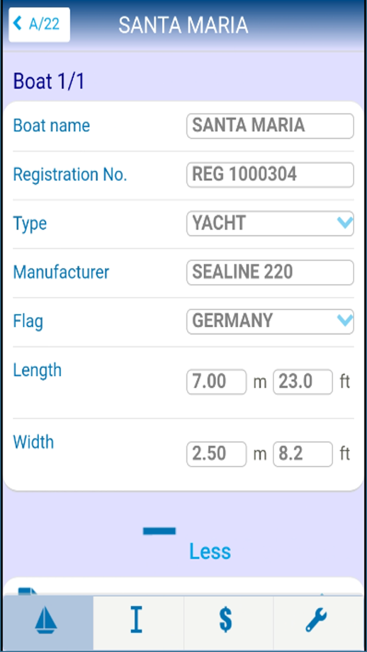 Marina Master Software - An example of a typical boat information screen within the MarinaMaster mobile app showing key details including boat name, registration number, type, manufacturer, origin and dimensions