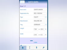Marina Master Software - An example of a typical boat information screen within the MarinaMaster mobile app showing key details including boat name, registration number, type, manufacturer, origin and dimensions