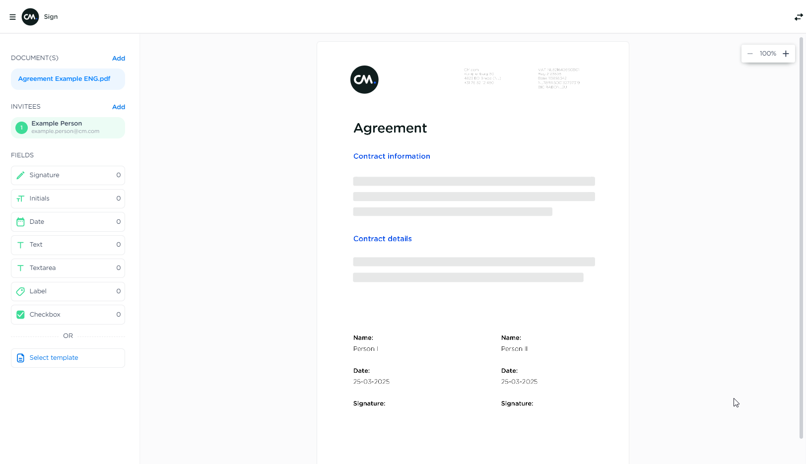 Sign screenshot: CM.com Sign – Interface for document upload and editing