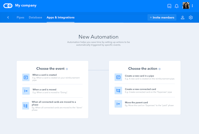 Pipefy screenshot: Set up workflow automations to trigger actions when a certain event is carried out