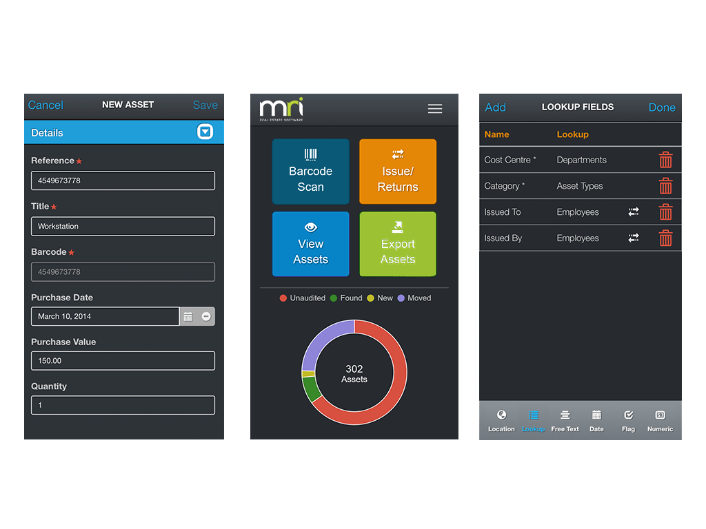 Mobile asset tracking for iOS, Android and Windows devices, leveraging a centralized database for storing fixed assets information