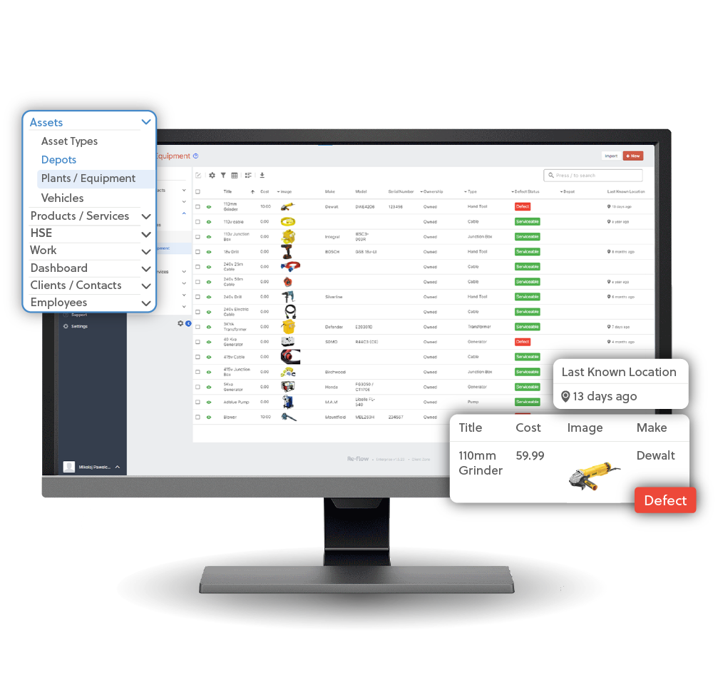 Re-flow Software - Enable assets to trigger their current locations, and which allocated operative has the item in their possession. A full audit trial which updates the asset records live as they happen. Switch to a map view to see the asset's last known location.