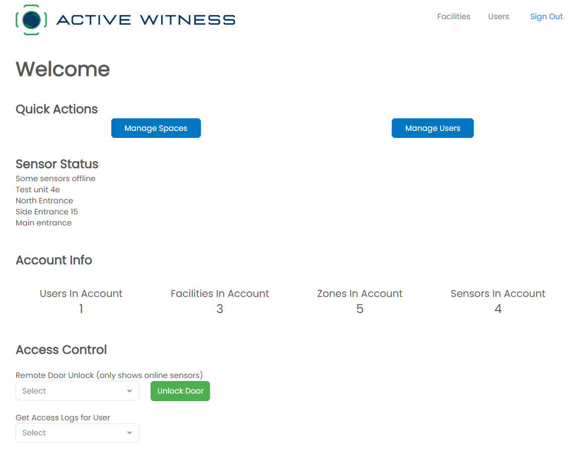 Web App Screenshot - Home Page: From this page, users can navigate to the facilities and users tab to edit access to the facility.