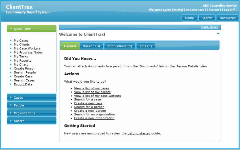 ASI-ware screenshot: In the ClientTrax homescreen users have access to the side menu where they can view quick links, cases, people, organizations, and more